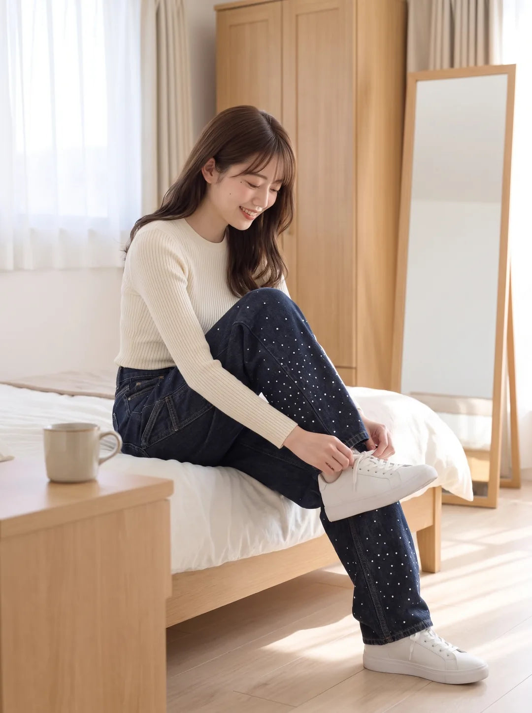 朝、白いスニーカーの紐を結ぶモデル