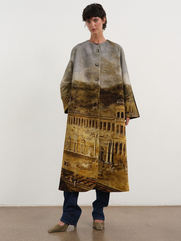 クラシック建築プリント ロングコート