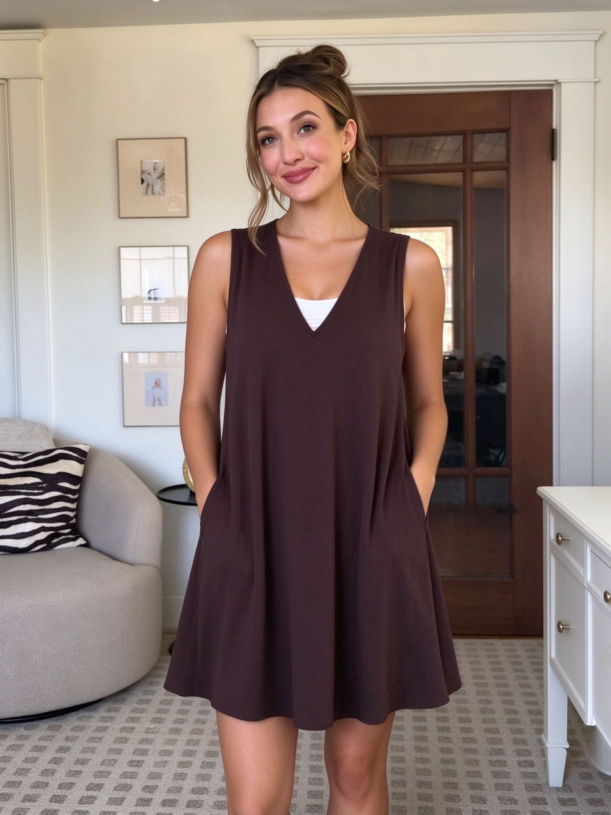 ブラウン レイヤードAラインミニワンピースセット
