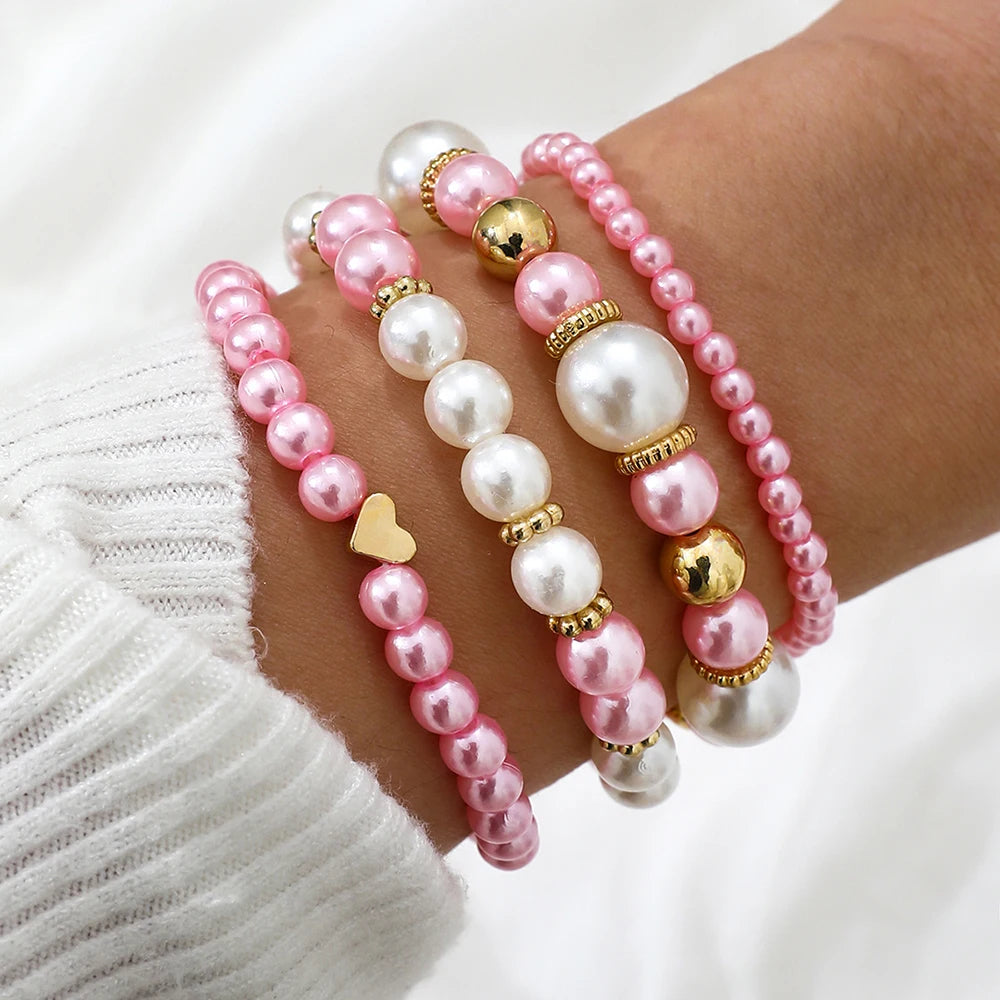 4 PCS White Pearl Beaded Bracelet Set