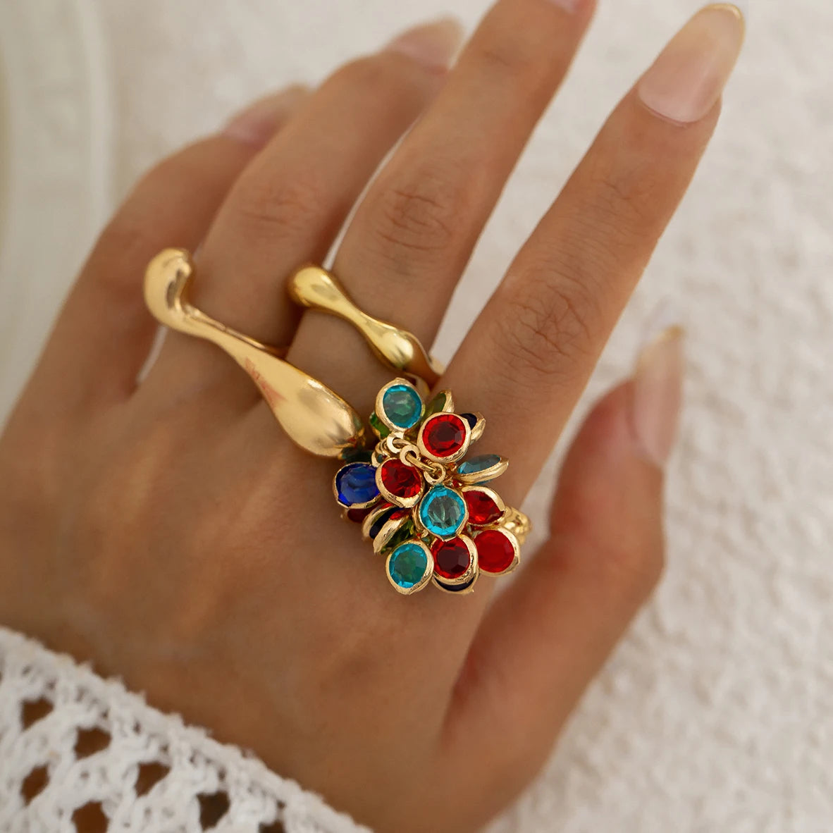 3 PCS Vintage Crystal Tassel Ring Set