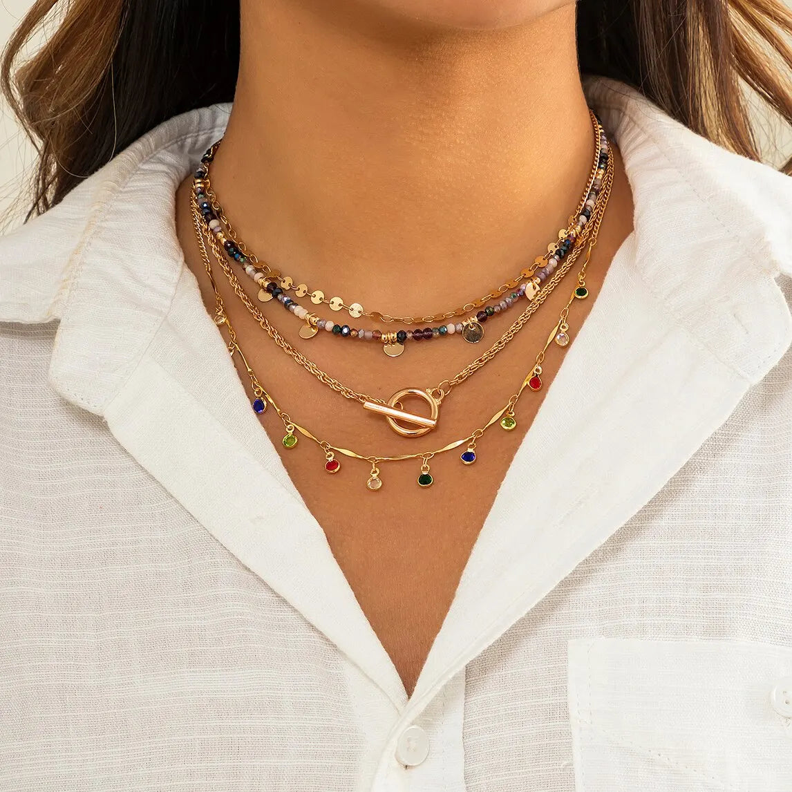 4 PCS Boho Crystal Tassel Choker Set