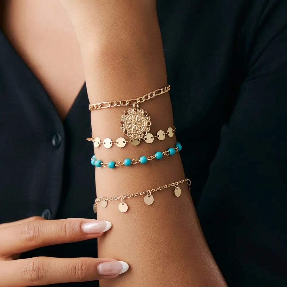 4 PCS Sequin & Sun Pendant Bracelet Set
