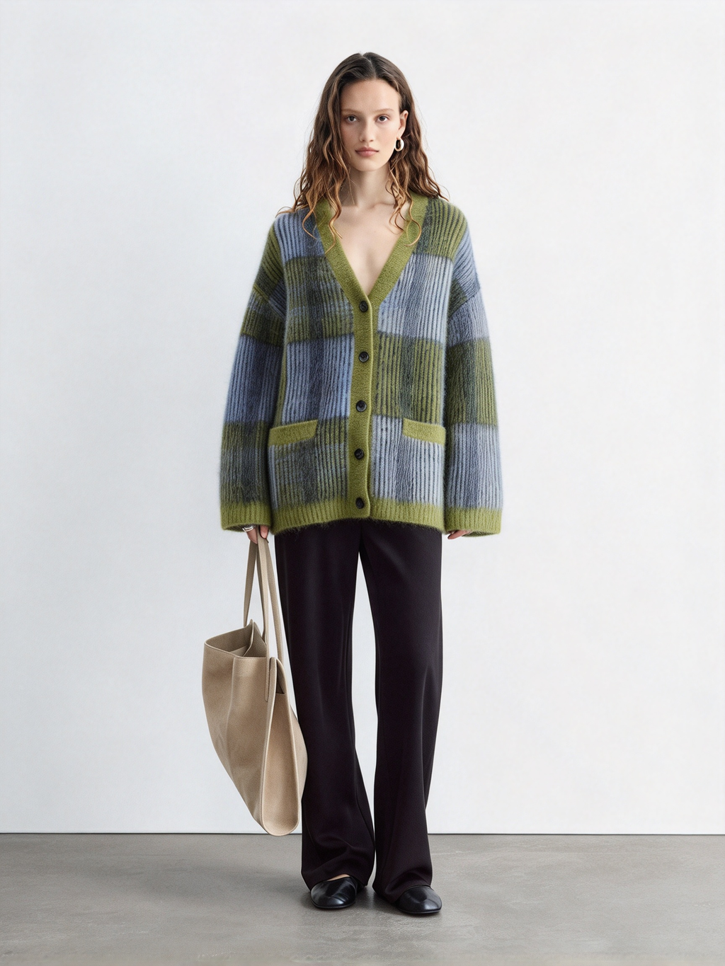 チェック柄 モヘアタッチVネックカーディガン