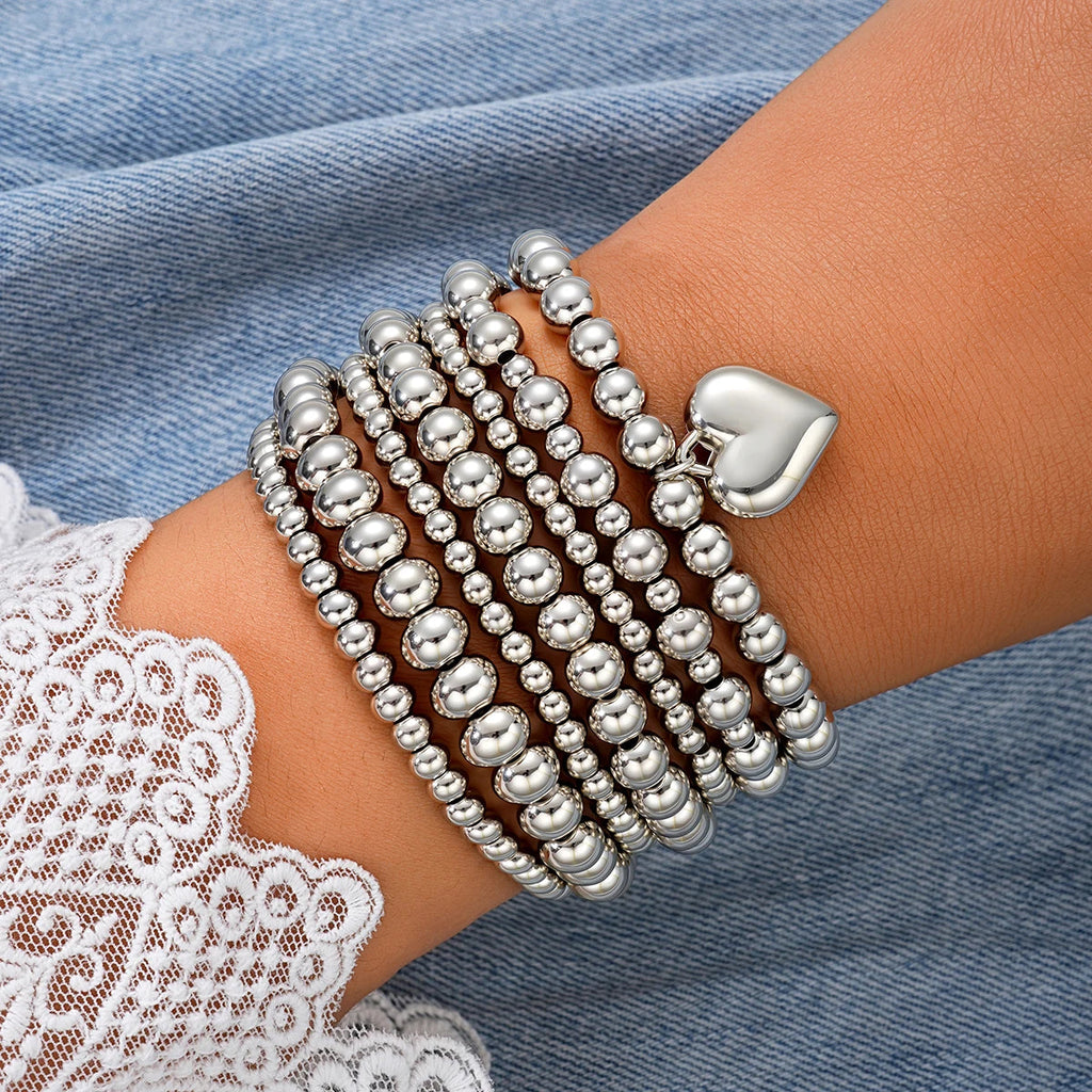 7 PCS Silver Heart Charm Beaded Bracelet Set