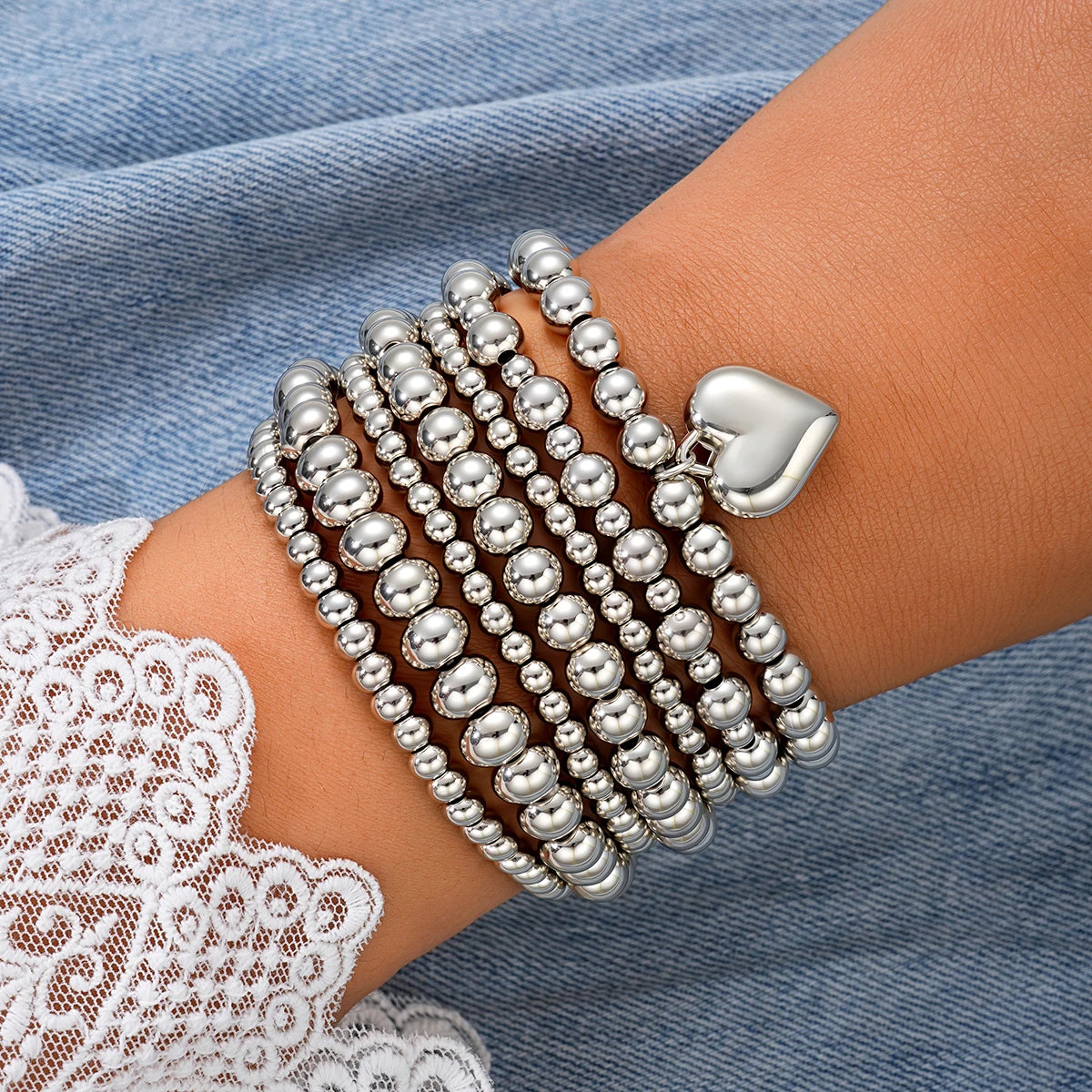 7 PCS Silver Heart Charm Beaded Bracelet Set