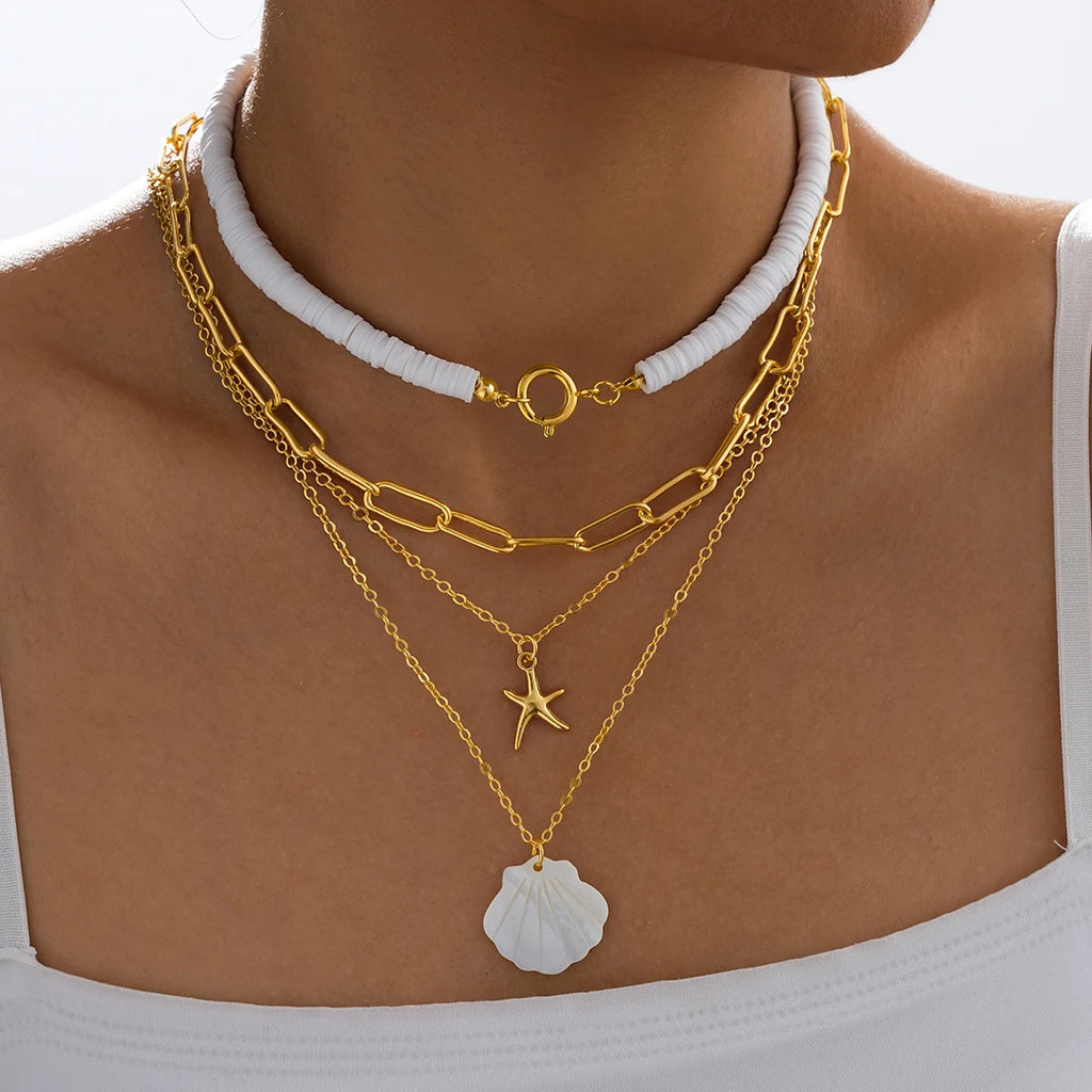 4 PCS Starfish & Shell Layered Necklace Set