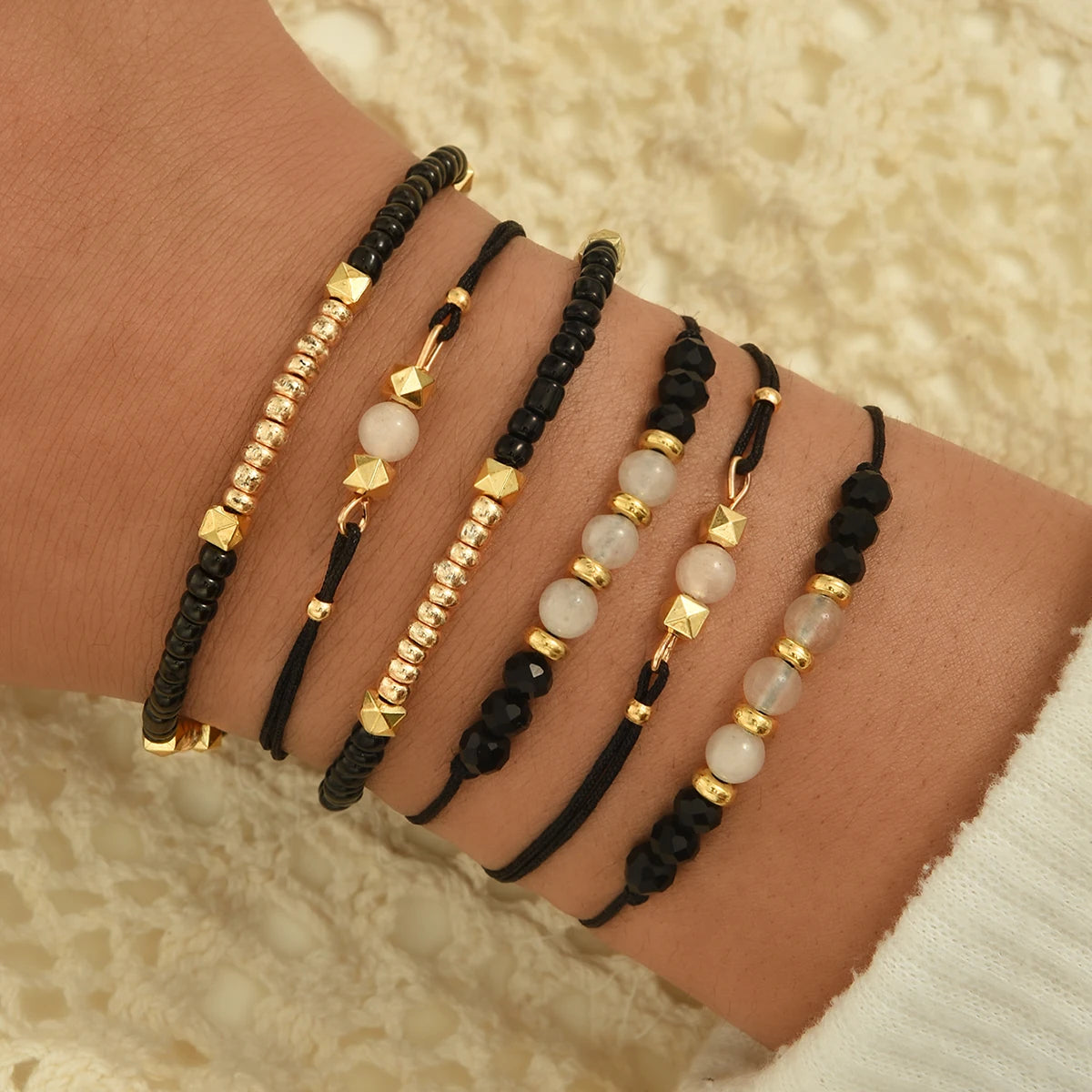 6 PCS Black Beaded Bracelet Set