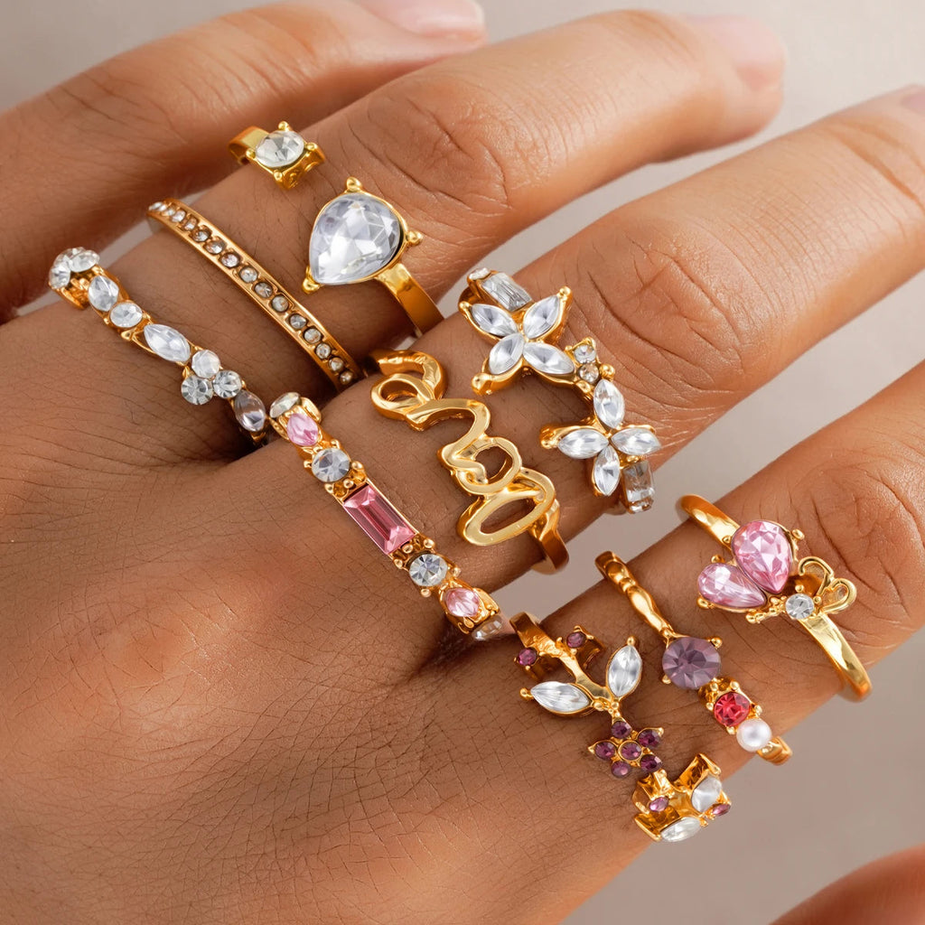 9 PCS Crystal Love Ring Set