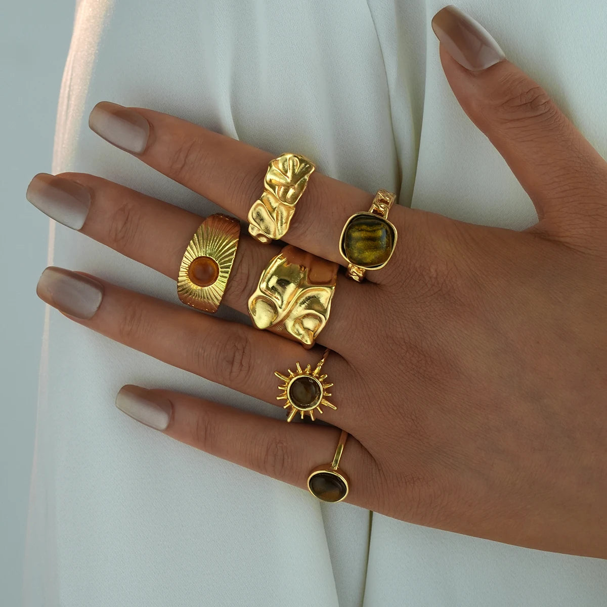 6 PCS Vintage Tiger Eye Ring Set