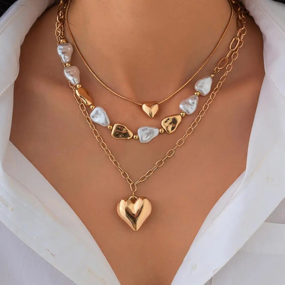 3 PCS Pearl Tassel Heart Choker Necklace