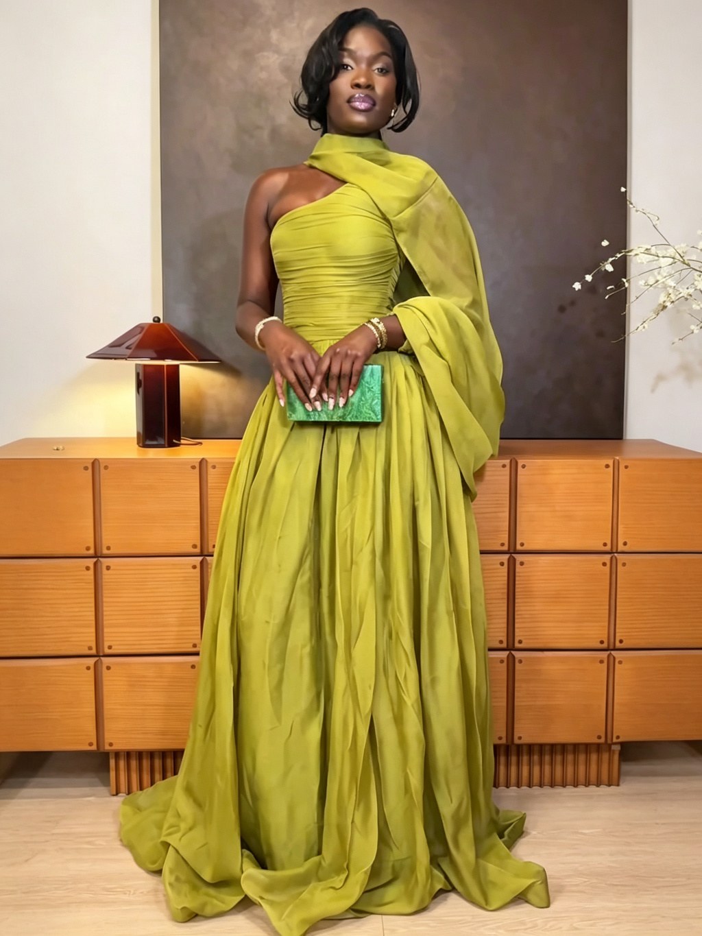 ワンショルダー プリーツマキシワンピース