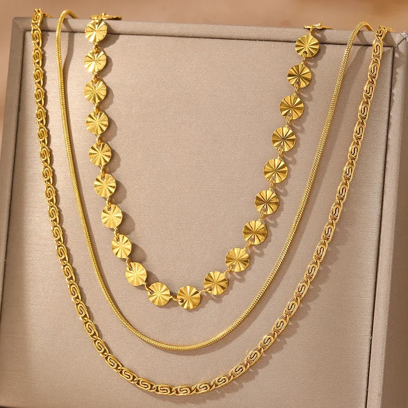 3 PCS Geometric Sunburst & Chain Necklace Set