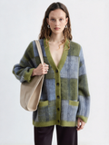 チェック柄 モヘアタッチVネックカーディガン