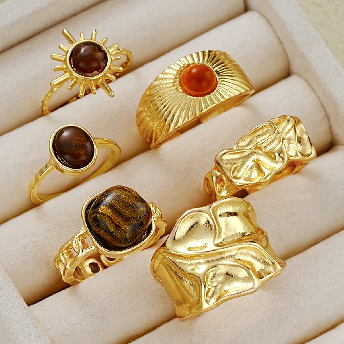 6 PCS Vintage Tiger Eye Ring Set