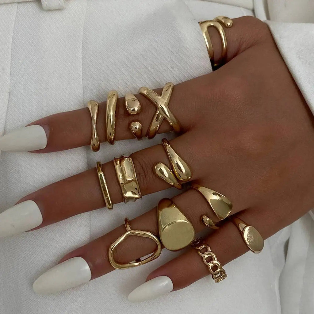 14 PCS Gold Punk Geometric Ring Set