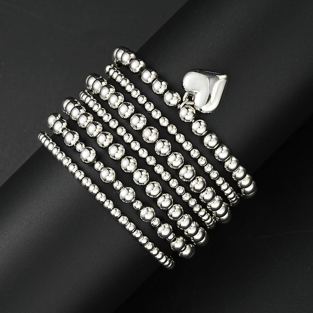 7 PCS Silver Heart Charm Beaded Bracelet Set
