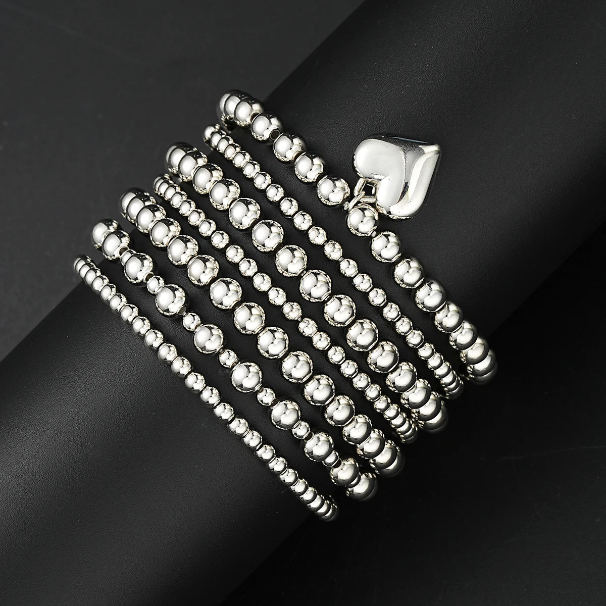 7 PCS Silver Heart Charm Beaded Bracelet Set