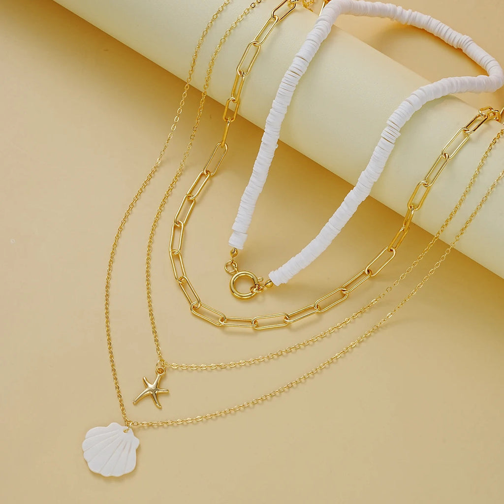 4 PCS Starfish & Shell Layered Necklace Set