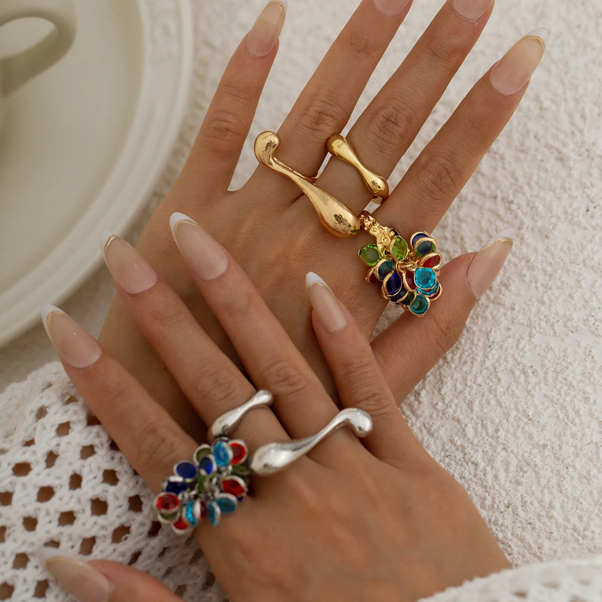 3 PCS Vintage Crystal Tassel Ring Set