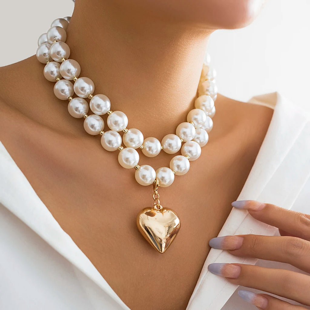 2 PCS Chunky Beaded Heart Necklace Set