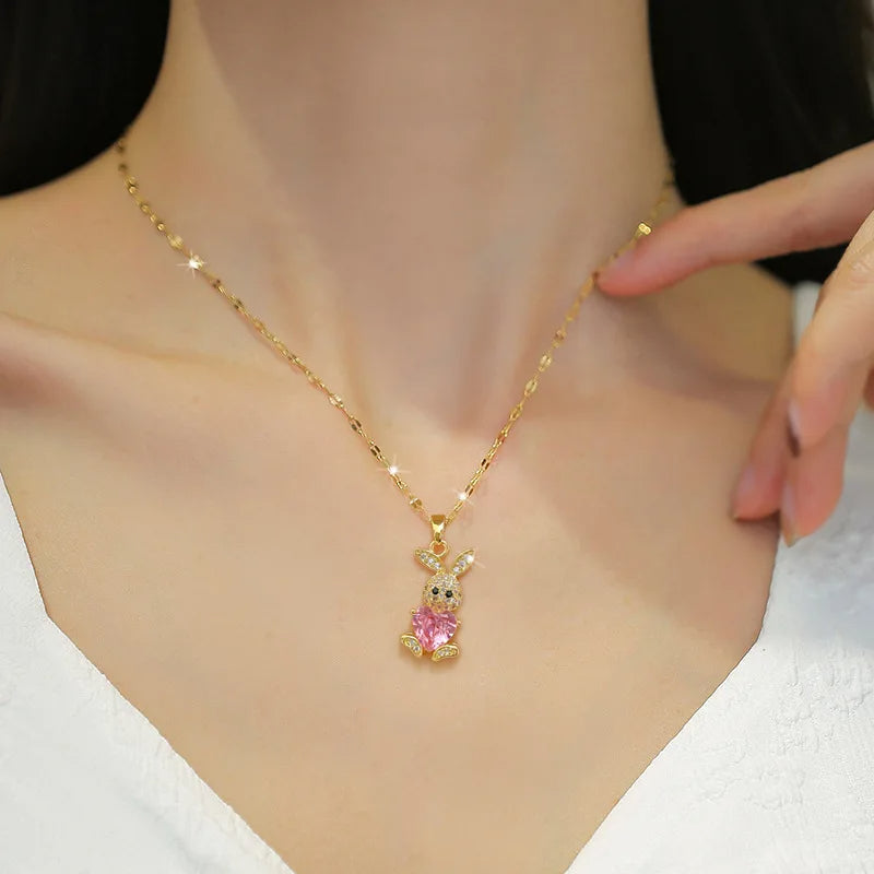 Heart Stone Rabbit Necklace