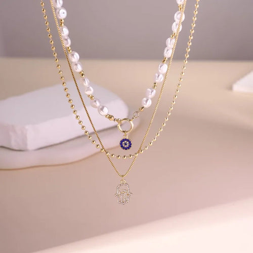 3 PCS Layered Hamsa & Pearl Necklace Set