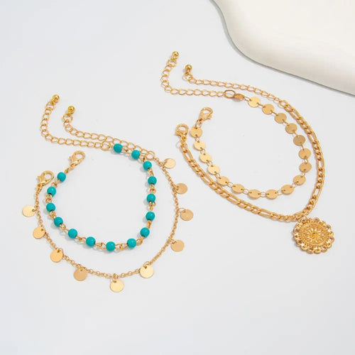 4 PCS Sequin & Sun Pendant Bracelet Set