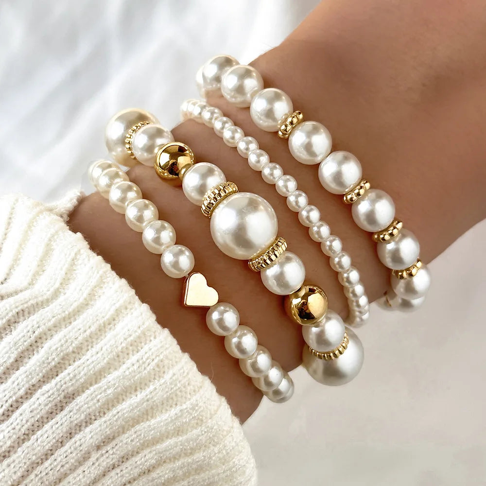 4 PCS White Pearl Beaded Bracelet Set