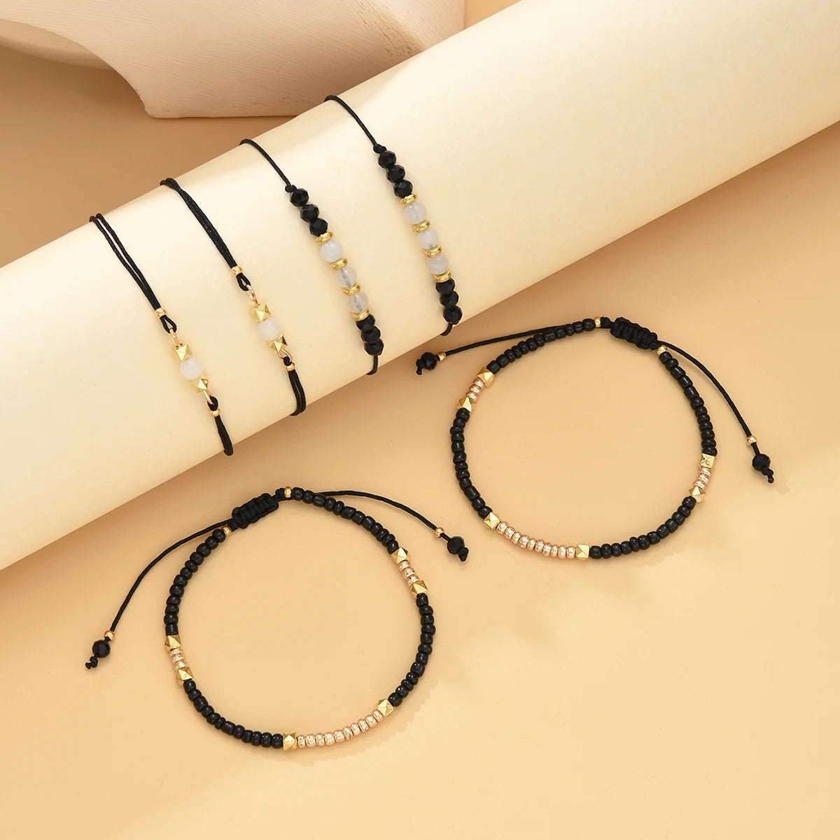 6 PCS Black Beaded Bracelet Set