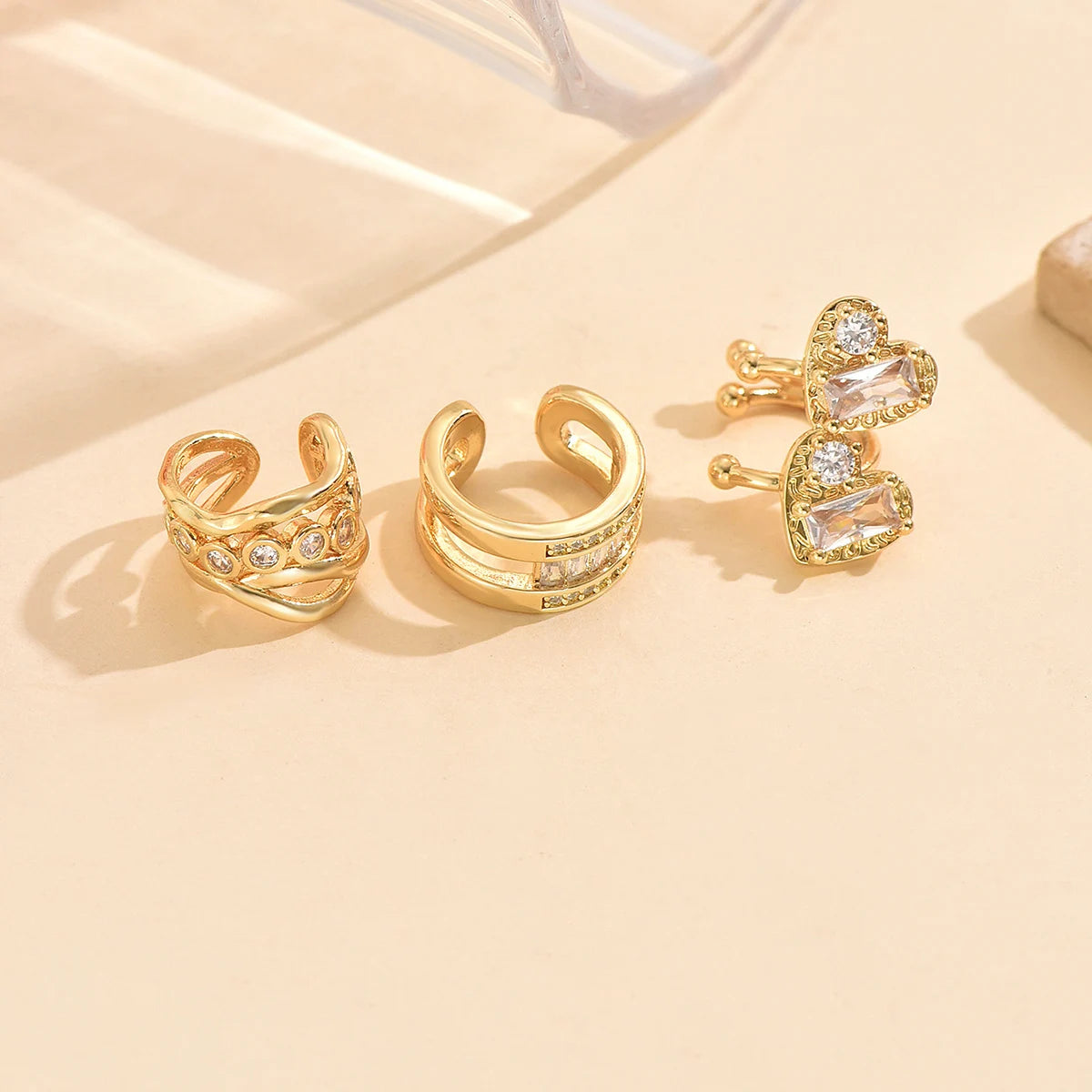 3 PCS Gold Crystal Cuff Earring Set