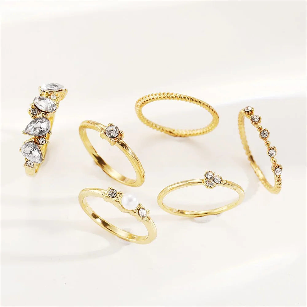 6 PCS Boho Crystal & Pearl Ring Set