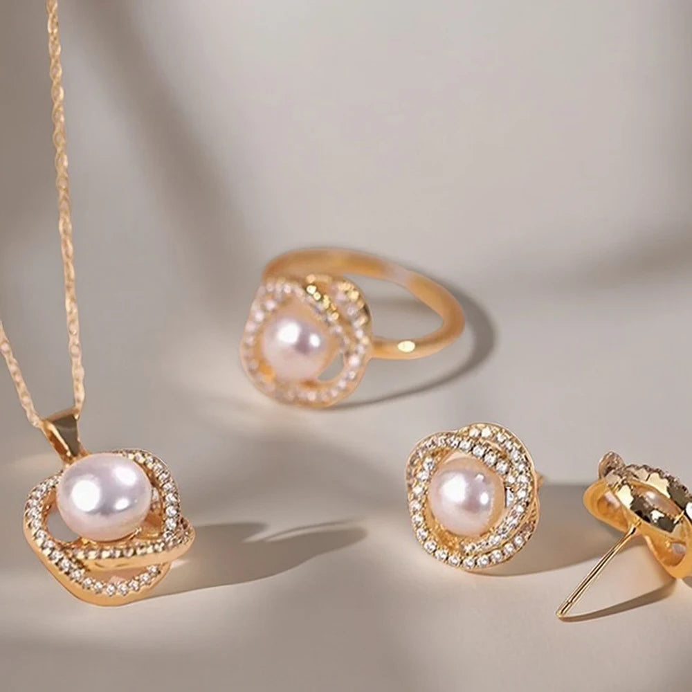 4 PCS Pearl Geometric Necklace, Earrings & Ring Set