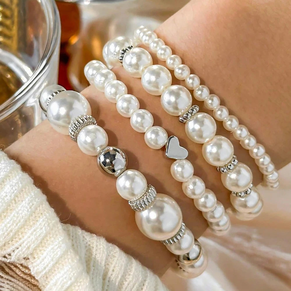4 PCS White Pearl Beaded Bracelet Set