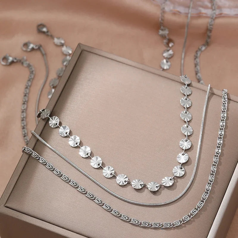 3 PCS Geometric Sunburst & Chain Necklace Set
