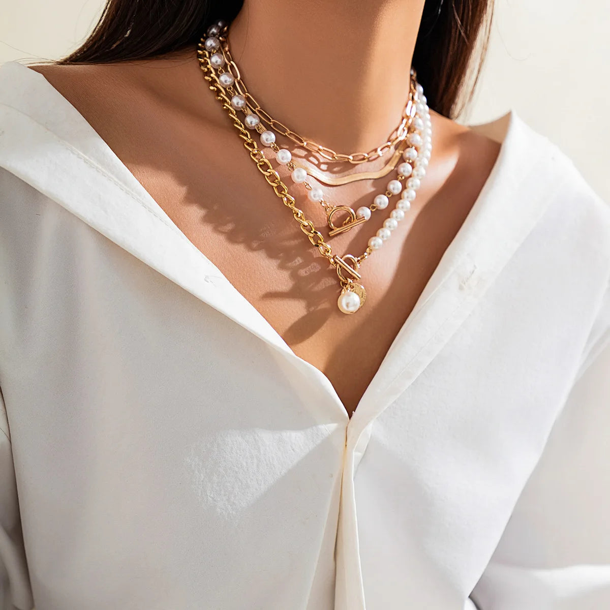 4 PCS Layered Pearl Choker Necklace Set