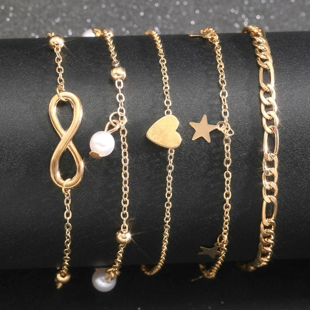 5 PCS Gold Charm Anklet Set