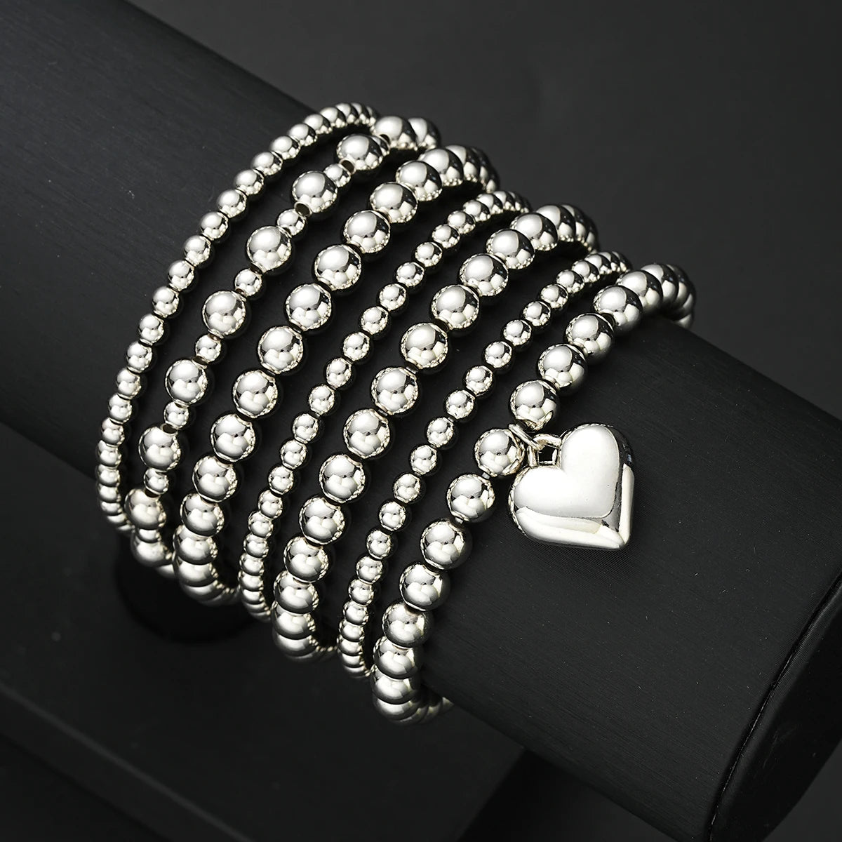 7 PCS Silver Heart Charm Beaded Bracelet Set