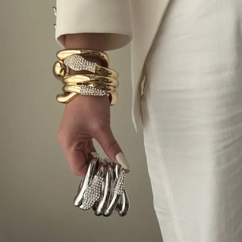 3 PCS Snake Rhinestone Chunky Bracelet Set