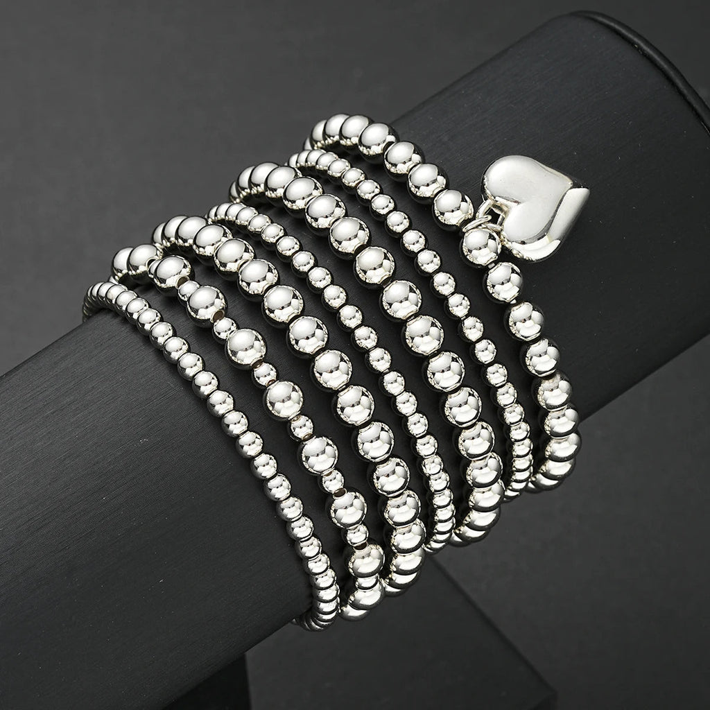 7 PCS Silver Heart Charm Beaded Bracelet Set