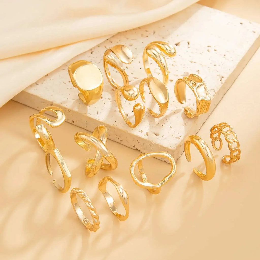 14 PCS Gold Punk Geometric Ring Set