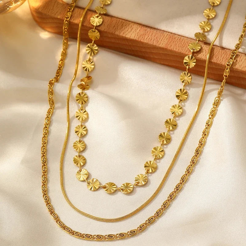 3 PCS Geometric Sunburst & Chain Necklace Set