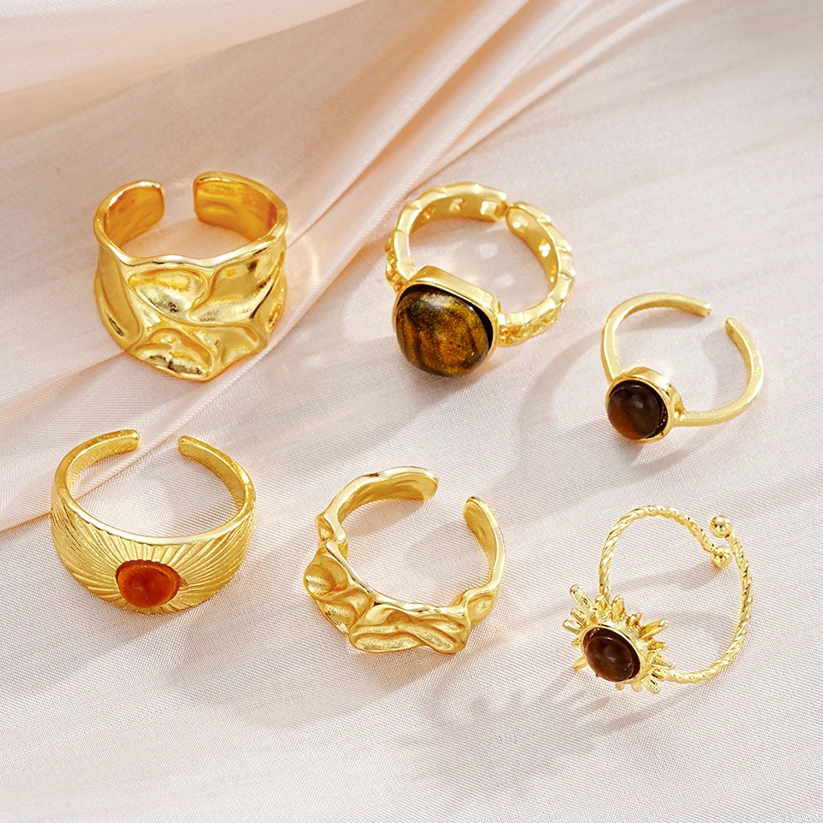 6 PCS Vintage Tiger Eye Ring Set
