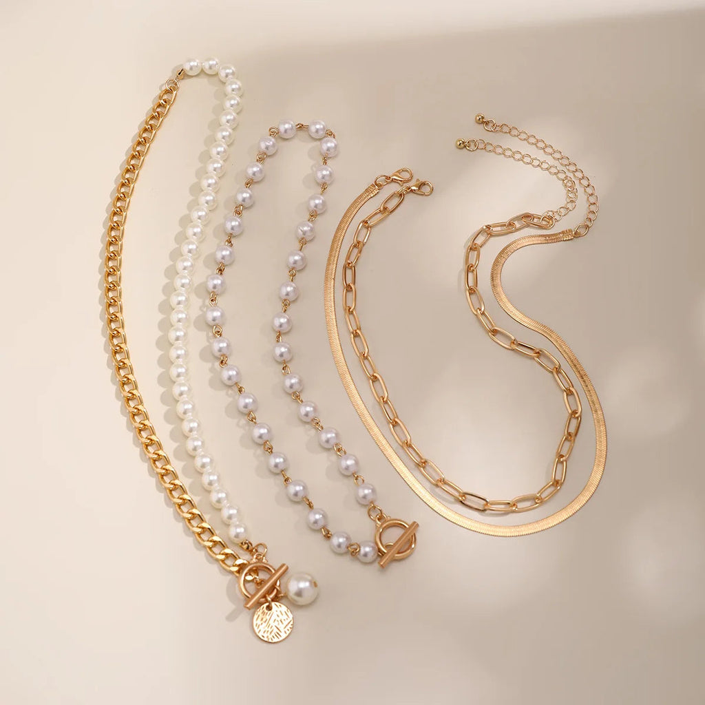 5 PCS Pearl & Chain Layered Necklace Set