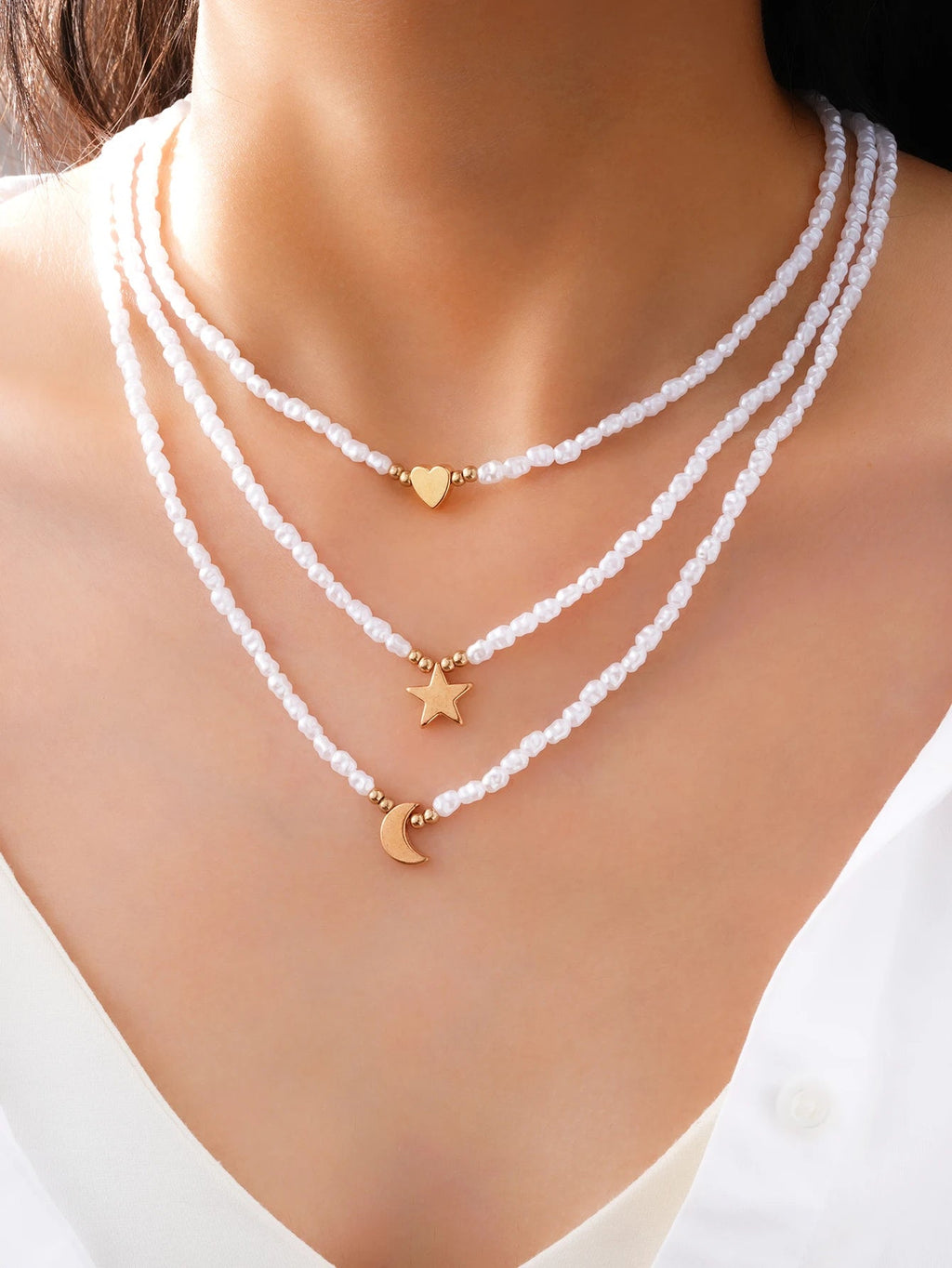 3 PCS Layered Pearl & Charm Necklace Set