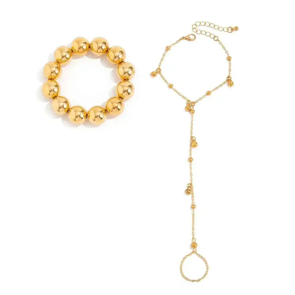 2 PCS Gold Beaded Ring Chain Bracelet Set