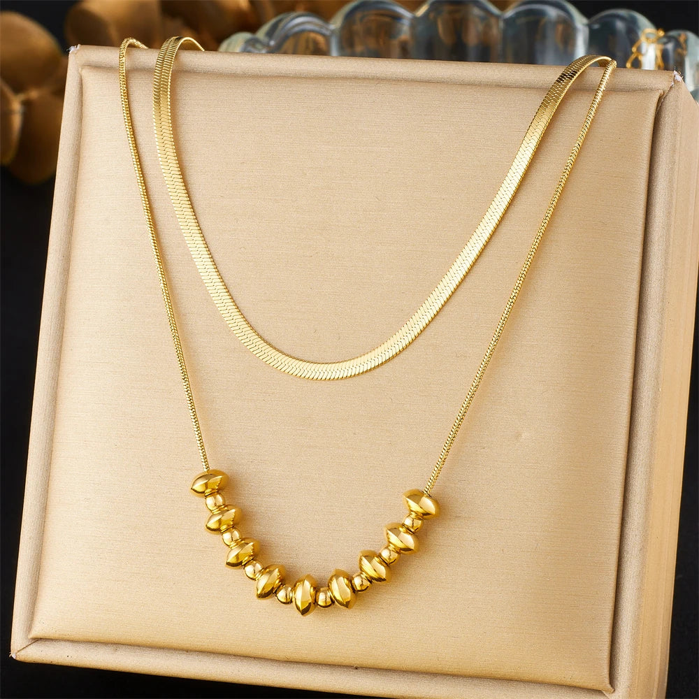 2 PCS Gold Herringbone & Bead Necklace Set