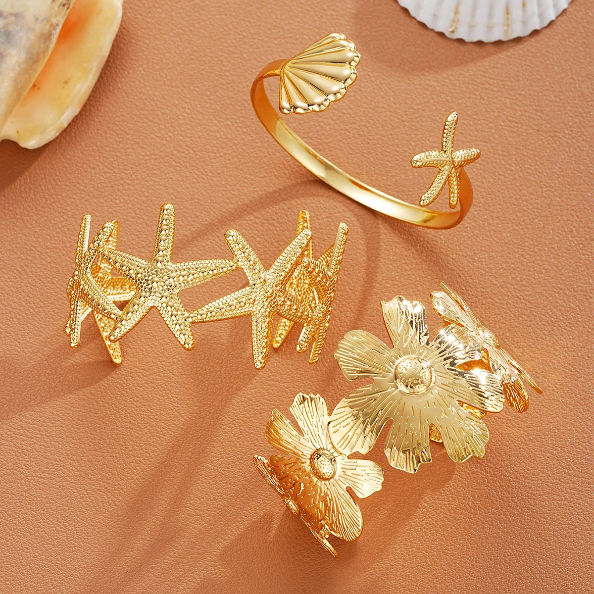 3 PCS Starfish & Floral Statement Cuff Set