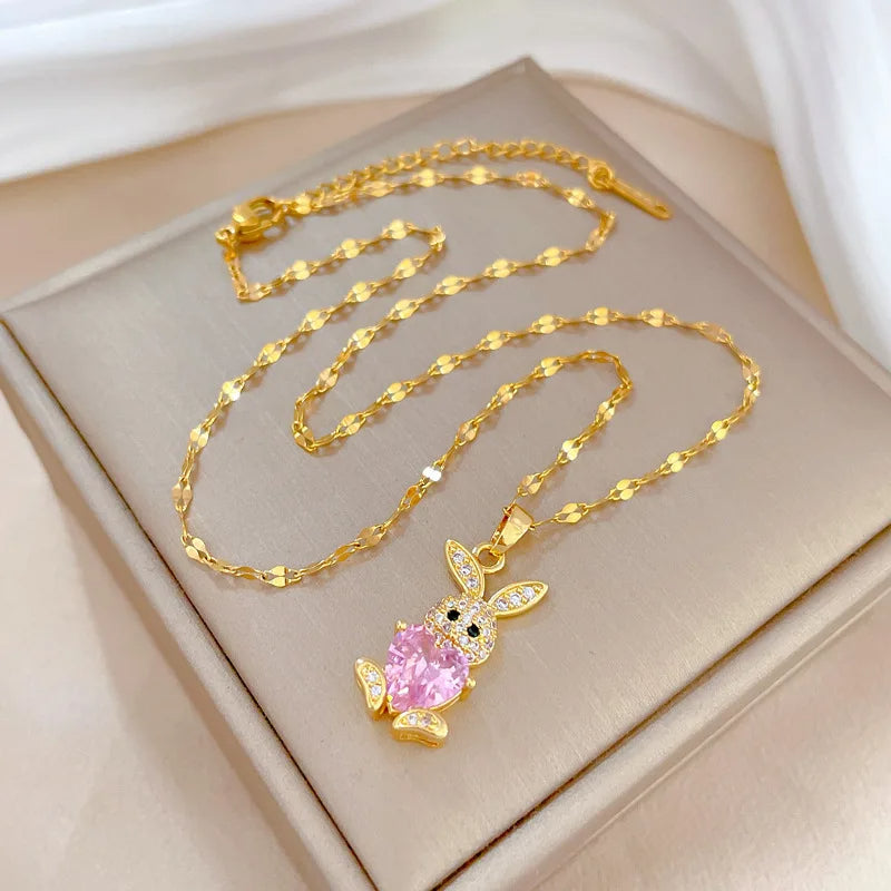 Heart Stone Rabbit Necklace