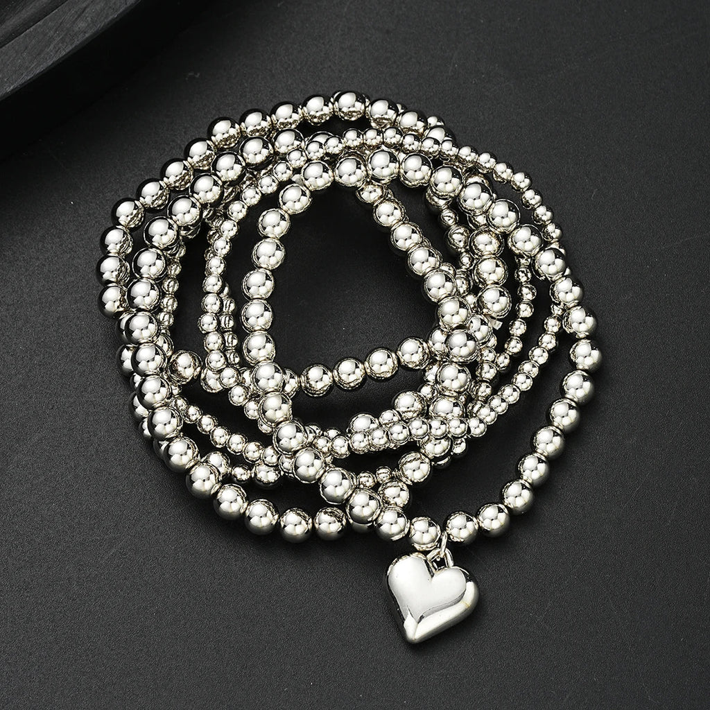 7 PCS Silver Heart Charm Beaded Bracelet Set